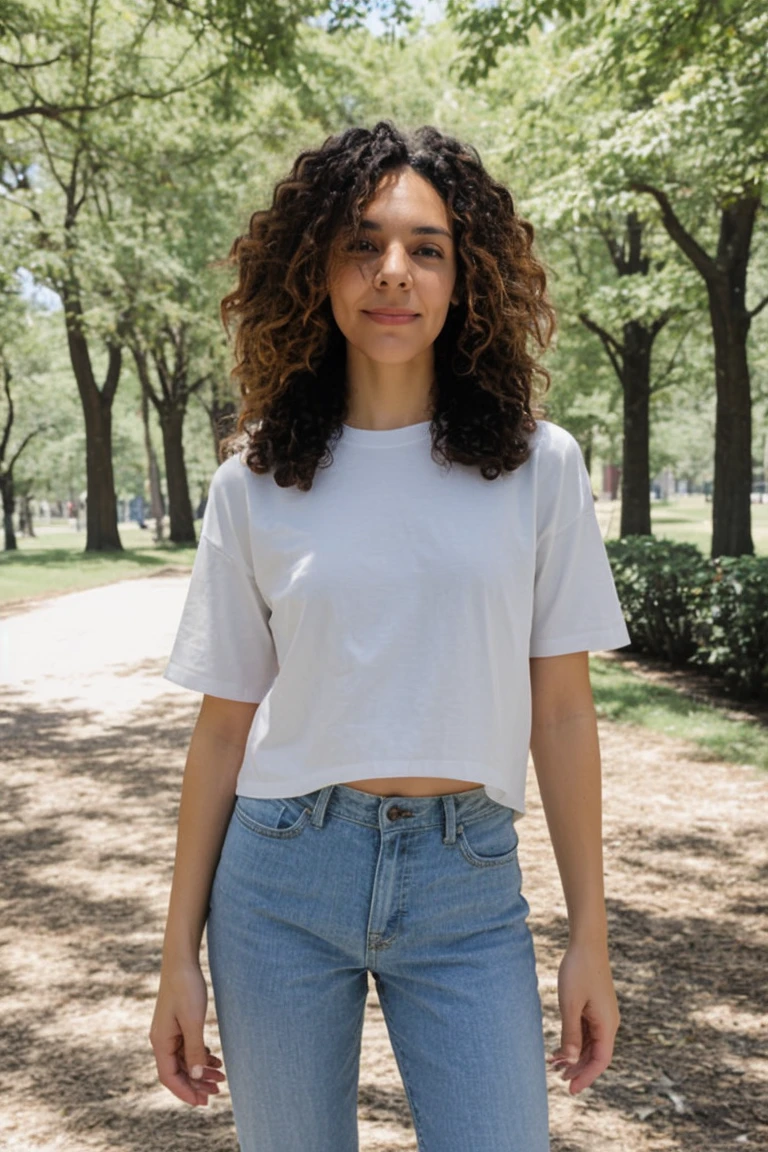 femme arabe belle. 23 ans. Elle doit avoir des traits harmonieux tracés, avec des yeux perçants. Sa peau est très bronzée. elle porte un crop top noir et un jeans bleu. Elle a des cheveux noirs. La scène est lumineuse, avec un arrière-plan simple mais élégant, tel qu'un parc ou un café en plein air.