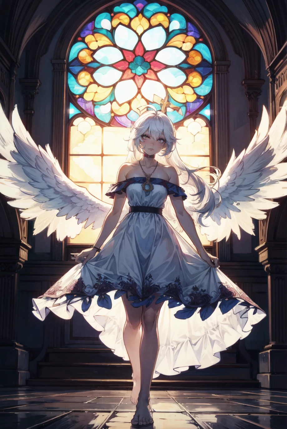 (masterpiece, high quality, highres,Highest picture quality), (Master's work),(religion theme :1.25),blurry background,warm light,, (colorful:0.7),(church:1.1), (Flower window glass,tyndall effect
,1.05), floating white feathers, (halo:0.95),light on face,(zentangle:1.3),(closed eyes:0.55),eyelashes,
(1loi:1.1),angel,angel wings,white wings,huge wings,solo,collarbone,(crucifix:1.1) necklace,ornament,(blush:0.6), (ahoge:1), (makeup:0.5), small breasts, (head tilt:0.75),white dress,see-through, floating in the air, graceful,noble, barefoot, Standing at an angle,(from side:0.8),
bare shoulders, shiny skin, shiny hair,long hair, peaceful,(bright pupils:1.1), yellow eyes, white hair, floating hair,cold face,
pixel,pixel art,