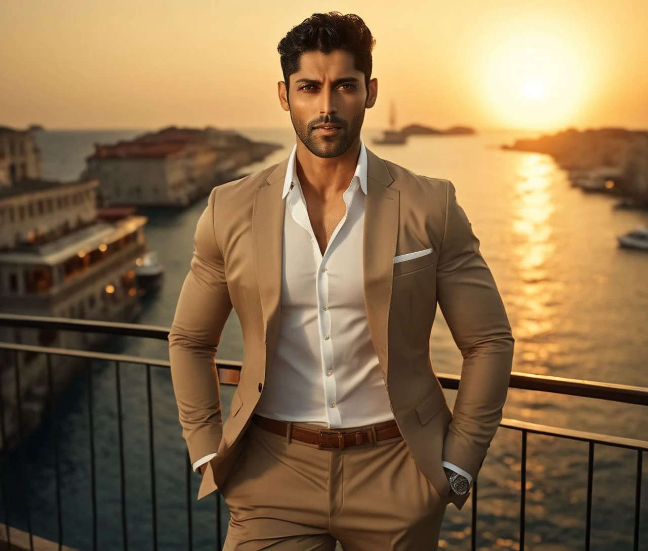Nautical-themed (Photo:1.3) of (Ultrarealistic:1.3) <lora:Man_Men_FFashion:1> mahesh jadu a man <lora:Smaran-Sahu_Mahesh-Jadu:1> in a tan suit standing on a balcony, sun behind him, inspired by Pablo Munoz Gomez, shot at golden hour, editorial photograph, midshot of a hunky, by Roman Bezpalkiv, by Artur Tarnowski, maxim sukharev, by Gabor Szikszai,Highly Detailed,(Mono Color:1.3) . Sea, ocean, ships, maritime, beach, marine life, highly detailed