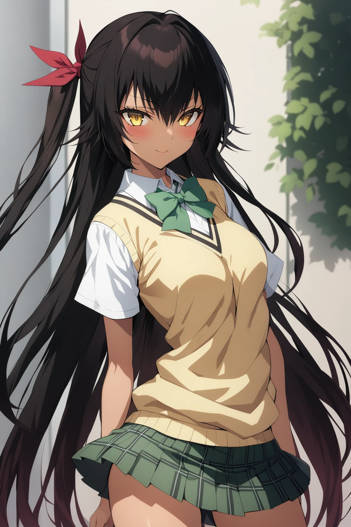 1girl, master_nemesis, to_love-ru_darkness, black_hair, very_long_hair, yellow_eyes, dark_skin, ribbon, hair_ribbon, sainan_high_school_uniform, green_skirt, green_bowtie, yellow_sweater, short_sleeves, white_shirt, highly detailed, masterpiece, best quality, anime style,