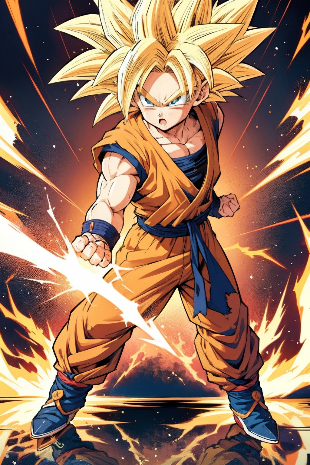 A captivating depiction of super sayan Goku, envisioned by the legendary artist Akira Toriyama. he exudes strength and determination, with intense eyes and a dynamic pose that mirrors the iconic qualities of the original character. (Captivating depiction of super sayan Goku from Dragon Ball by Akira Toriyama:1.4), (Envisioned with strength and determination:1.3), (Intense eyes and dynamic pose reflecting iconic qualities:1.3), (Showcasing Toriyama's artistic brilliance in creating a unique super sayan Goku:1.4). Drawing from Akira Toriyama's genius, this portrayal captures the essence of  super sayan Goku with captivating details, intense eyes, and a dynamic pose. Cinematic view, Photorealistic, High-definition, Sharp, Ultra-detailed, Crisp