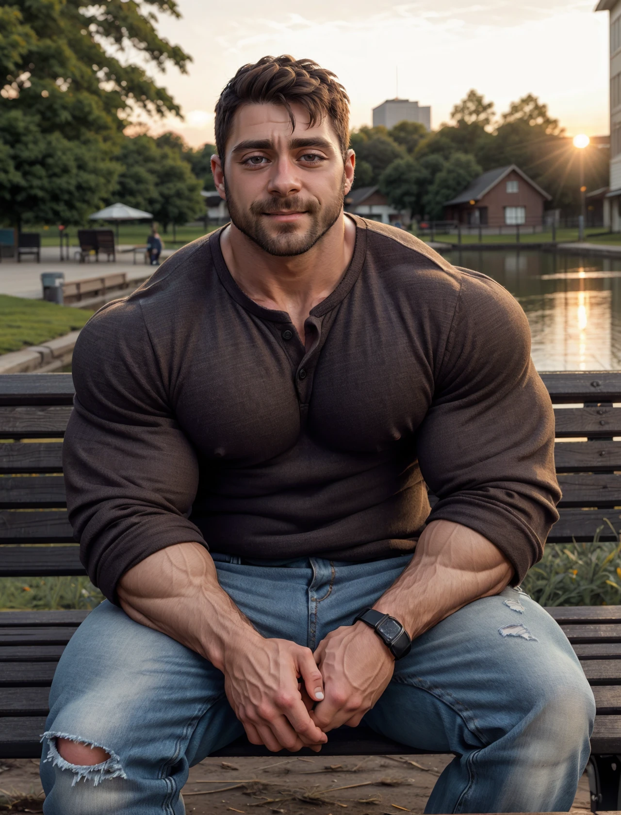 there is a man holding a teddy bear on his back, muscular character, realistic artstyle, artwork in the style of guweiz, teddy bear, artgerm and genzoman, beefcake pose, muscular male hero, super buff and cool, handsome stunning realistic, very buff, anime handsome man, realistic shaded perfect body, male art, beefy, short hair, black hair, brown hair, black hair, sitting, male focus, multiple , shoes, shorts, arms, wristband, sneakers, sportswear, bench, , chest hair, , navel hair, leg hair, , hairy, (Chest hair:1.8) ! High detail 8K)! ((Realistically)), ! 186 cm! 70 kilograms! Popular clips! ( High-detail 8k ((realistically)), Exposed chest muscle and chest hair!, best quality, bright lighting, focus, theater! 35 years old, hairy breasts, thick hair Adam Dario Kier screenshot, Reddit, photo realism, gray hair!real photos!Thick moustache!(Chest hair:1.5)Real photos!