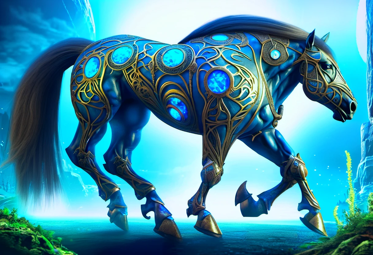 hyper detailed masterpiece, dynamic realistic digital art, awesome quality, DonMMy51ic4lXL orc, large mythical creature, humanoid upper body, horse lower body, muscular strong physique, human like arms and torso, equine features, hooves, flowing tail, wild untamed mane of hair, , dynamic, running pose, wise and noble, captivating,underwater,traditional crafts,infinity,oxidizing,dappled light,nautical traditions,zigzagging,rocky <lora:DonMMy51ic4lXL-000006:0.8>