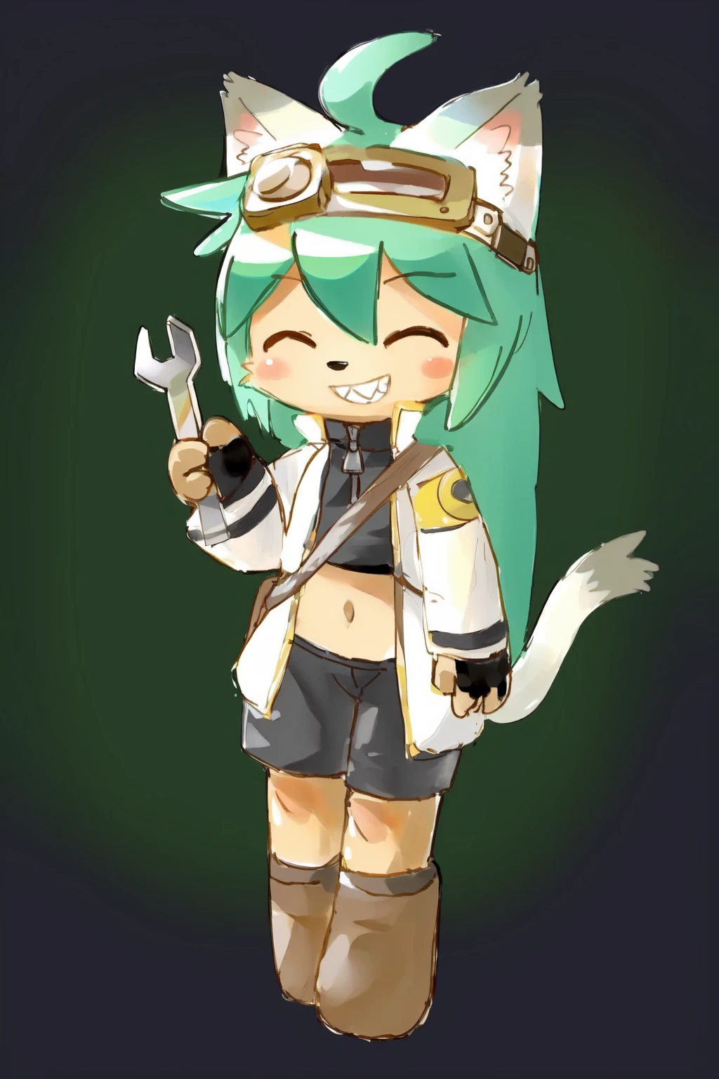 masterpiece, high quality, absurd res, by dagasi, digital painting \(artwork\), suzette, 1girl, solo, furry female, body fur, cat girl, white jacket, fingerless gloves, crop top, navel, midriff, zipper, shorts, shoulder bag, armband, cat ears, green hair, long hair, ahoge, shiny hair, goggles on head, closed eyes, ^ ^, smile, animal nose, tail, detailed background, garage, toolbox, sitting on workbench, wrench, tools, (8k hd, hdr:1.1) <lora:suzetteSR:1>