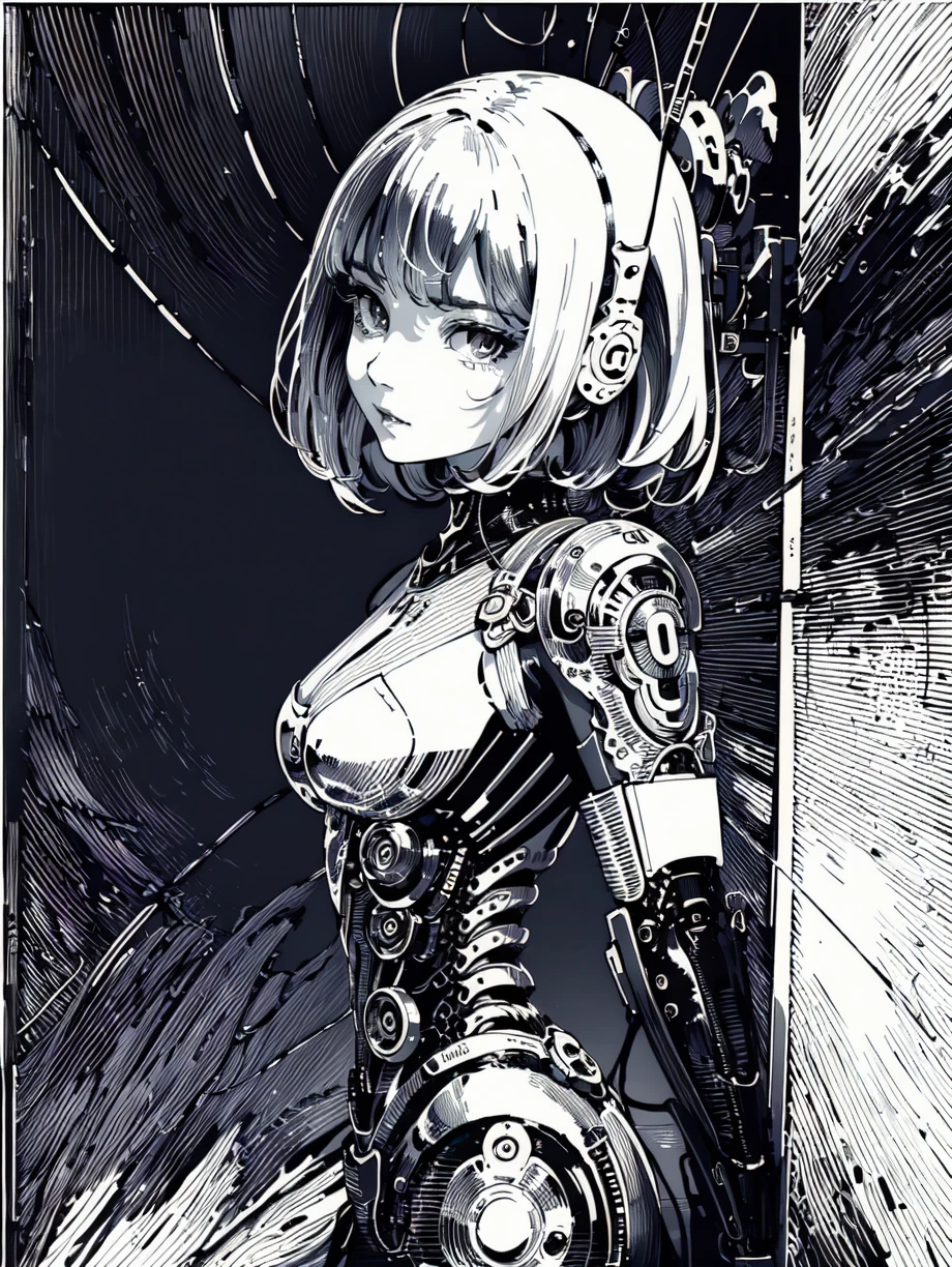 (((best quality,masterpiece,fine detailed,))),((line,black and white painting,black and white line drawing,smooth lines,monochrome,1girl,look at the camera,)),<lora:CJ PD:0.9>,(cyberpunk,mecha body,mechanical body,machine,sense of future,sense of science and technology:0.7),((solo)),dynamic,<lora:æºæ¢°å§¬jixieji:0.6>,, (best quality, high quality, masterpiece,),