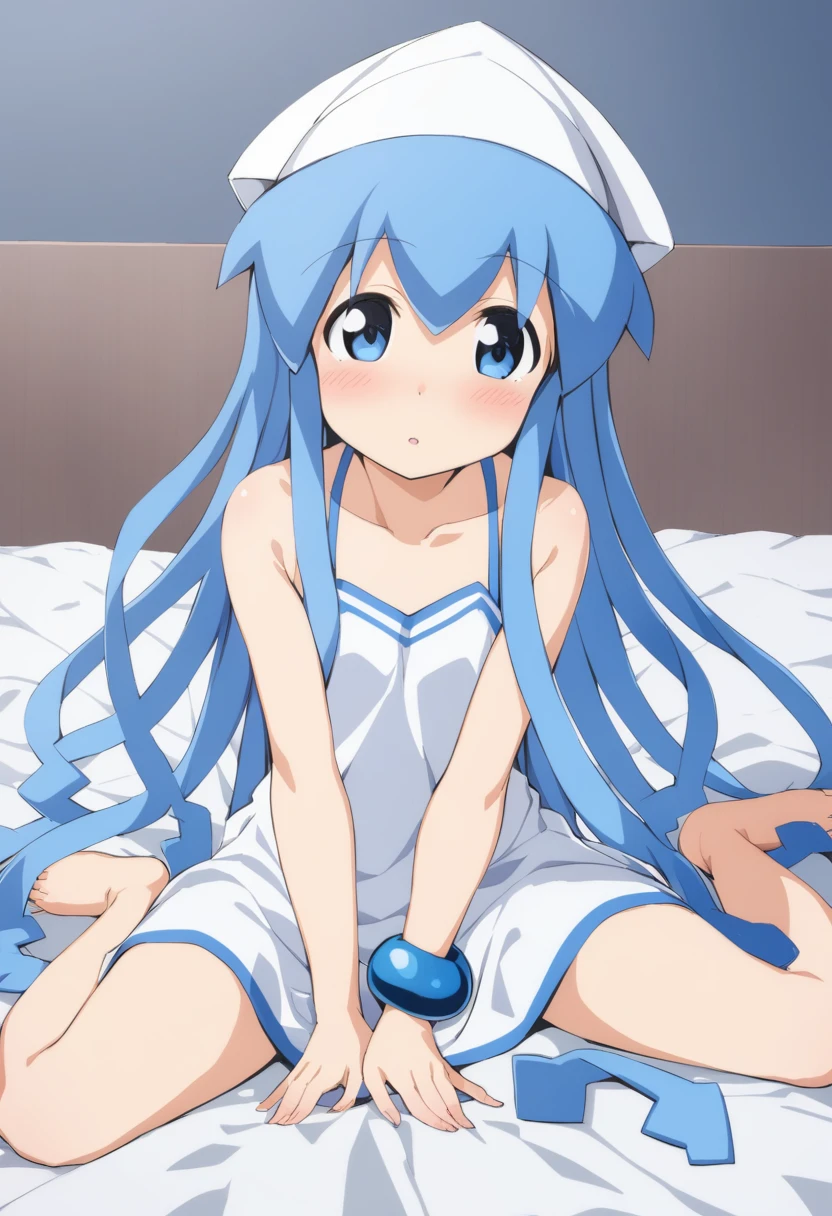 1girl, ika, blue eyes, solo, blue hair, tentacle hair, long hair, wariza, sitting, dress, bracelet, bed, jewelry, blanket, hat, blush, medium quality, late, <lora:char - ikamusume - v2 - bionagato:1>