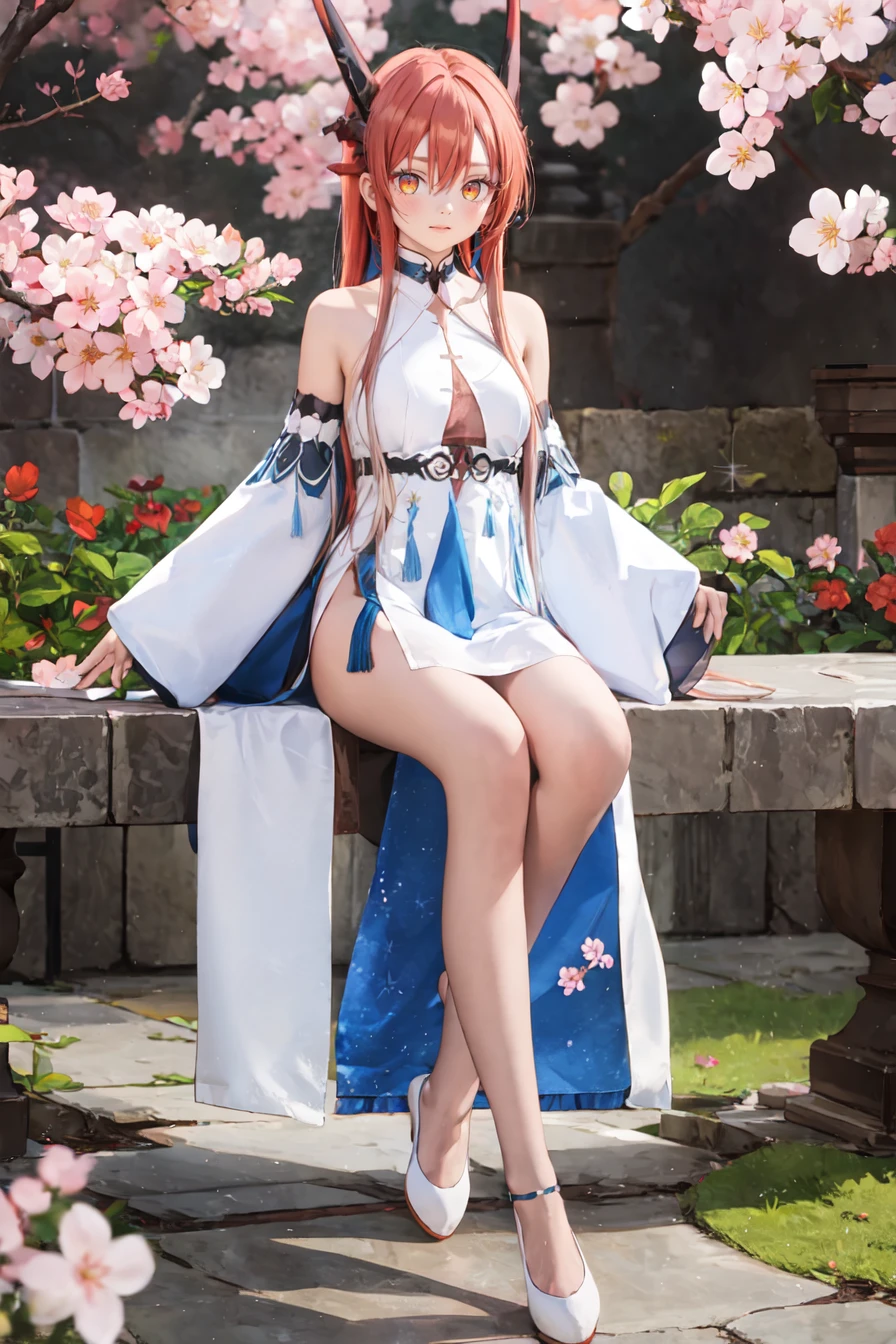 masterpiece,best quality,highres,ultra-detailed,(facing_viewer:1.1), (full body), solo, 1girl, medium_breasts, straight_long_hair, sitting, outdoors, garden, cherry blossom trees,chinese clothes,bare shoulders,detached sleeves,sleeves past wrists, <lora:SelfTraining_æè£-åç¥æ¸çµ:1>, tania, dragon girl, dragon horns, red hair, orange eyes, large breasts, long hair, <lora:Character_被åè
éä¼éé¤çé¦ç¸ä½¿-å¡å¦®é
:0.8>