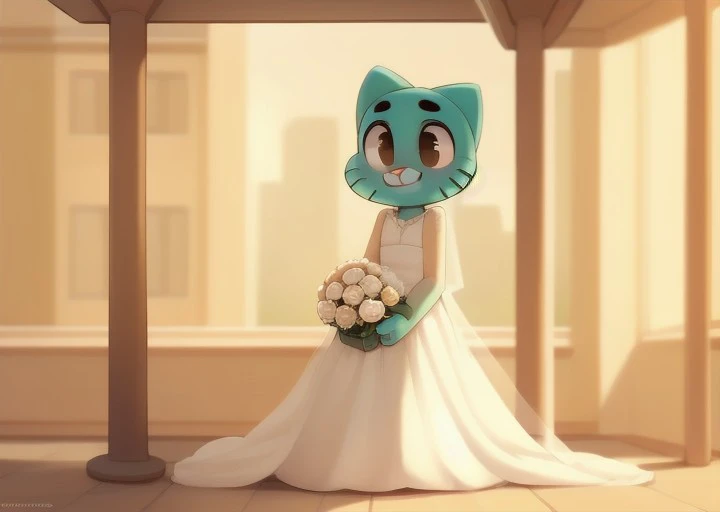 <lora:fluffyrock-quality-tags-v4:1.0> (best quality, good quality:1.4), detailed eyes, depth of field, (by eupharrow:1.3), full-length portrait, detailed background, male, anthro,  <lora:Gumball_Watterson:1.0> gumball watterson, feline, blue fur, brown eyes, wedding dress, wedding veil, smile, happy, holding bouquet, bus stop, waiting, day,