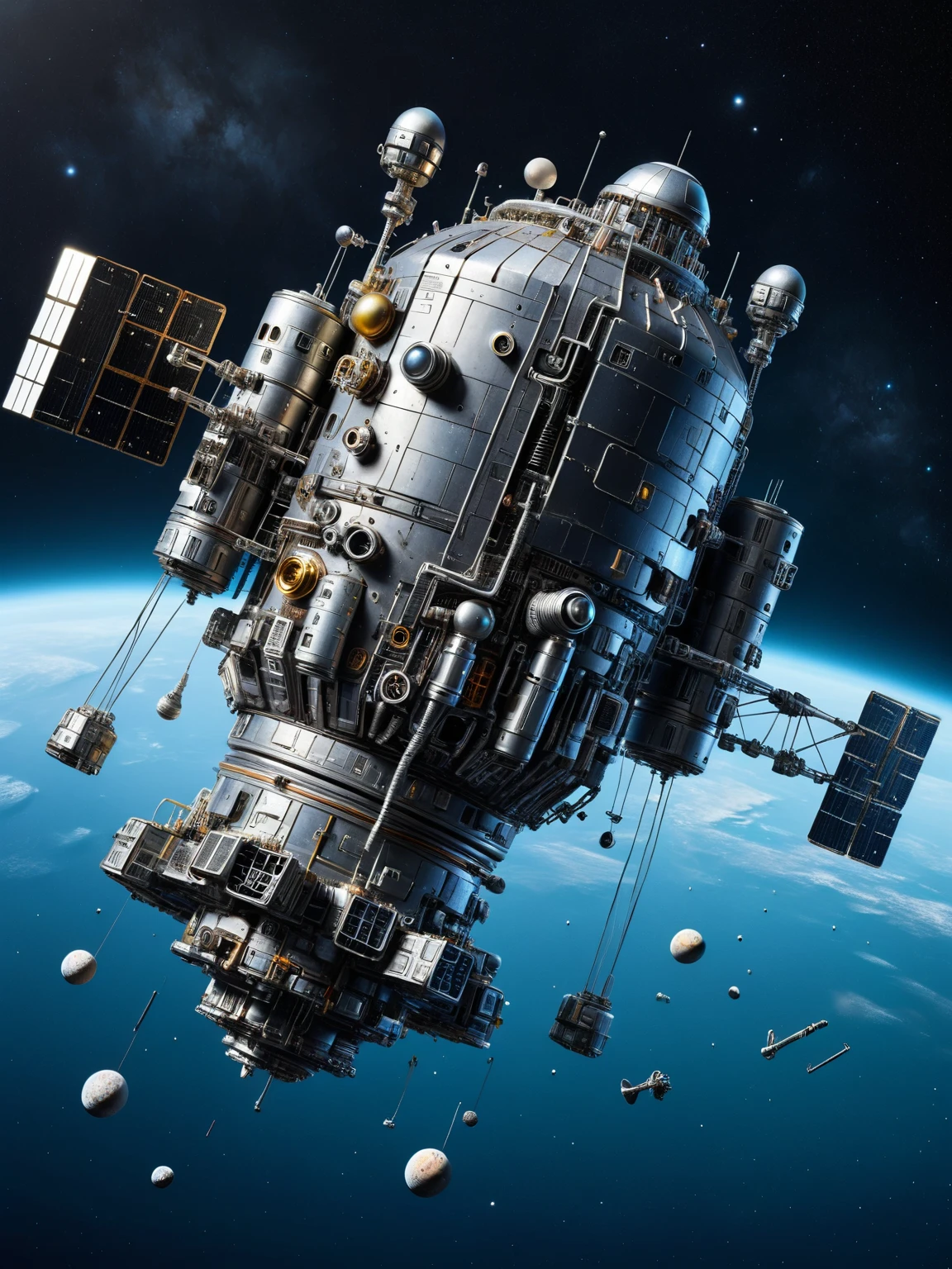ais-scrapyrd deep space exploration spacecraft, floating in space <lora:Scrapyard_Style_SDXL:1>