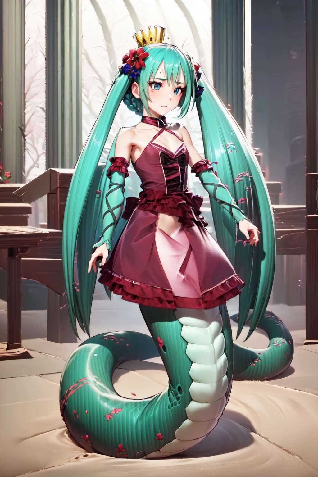 ((Masterpiece, best quality, illustration, high resolution, hyper detail, finely detailed, ultra-detailed),
8k, Wallpaper, grand, an extremely delicate and beautiful, anime, pixiv, colorful, distinct, bishoujo, sharp,
detailed cute anime face, perfect face, perfect eyes:1.2),
perfect five fingers, best ratio four finger and one thumb, intricate details
BREAK
<lora:LoCon_lamia_mermaid_bt04_ep008_12112_768_dim064_a032_con032_a008_LR00100_snr05_noise00_del:1>,
lamia, monster girl, 1girl, solo, full body,
<lora:chika2:1>,blue_eyes,long_green_hair,twin_braids,bangs,hair_flower,
<lora:RomeoAndCinderella:0.8>,RAC,crown,flower,bowtie,frills,red_dress,detached_sleeves,chain,layered_skirt