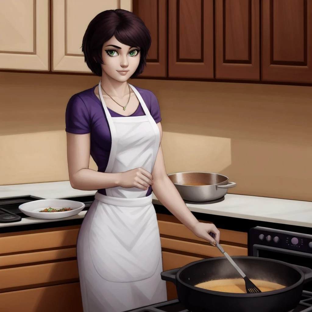 <lora:karina-50:0.7>
masterpiece, 1girl, solo, female, flesh skin,
karina,
dark hair, short hair, necklace, green eyes, sfw, clothed, colored,
purple sleeves, pants, white apron, kitchen, cooking