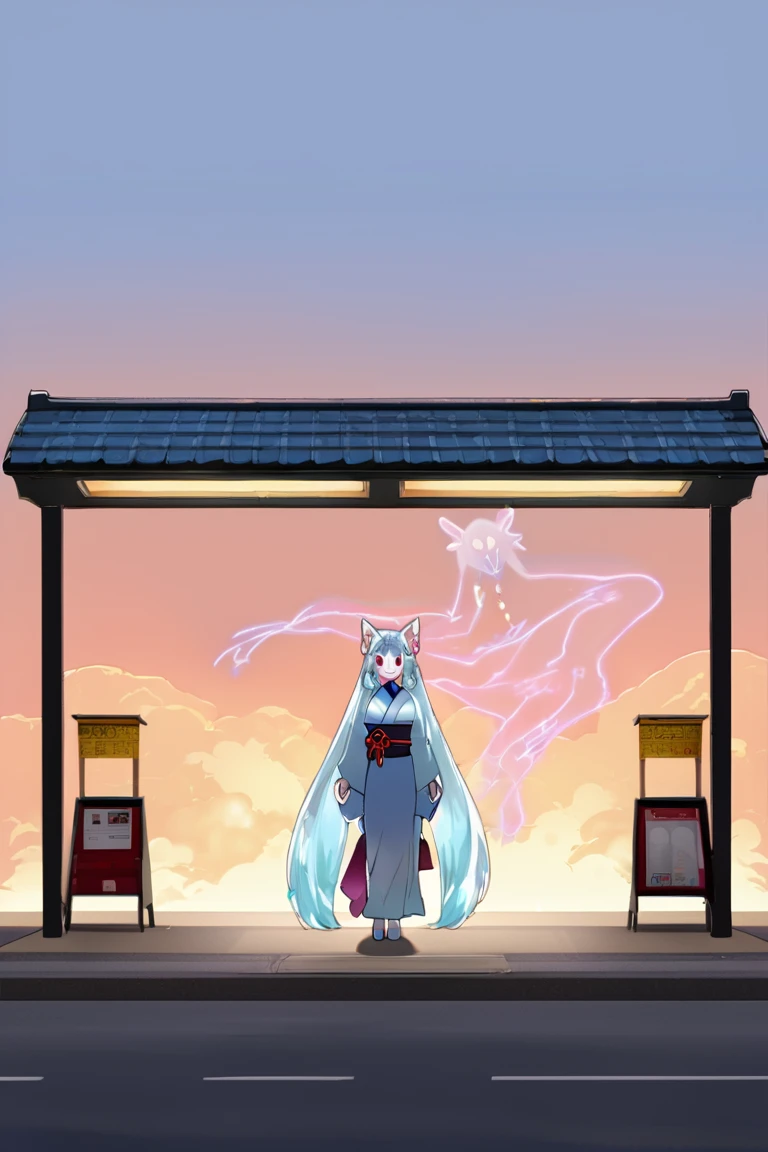 1girl, japanese clothes, spirit, wide shot, cowboy shot, Extreme long shot, bus stop, evening, itakolora, <lora:itakolora_charaLoRA_XL_t8:0.7:lbw=1,0,1,0,1,1,0.5,1,0,0,0,0>