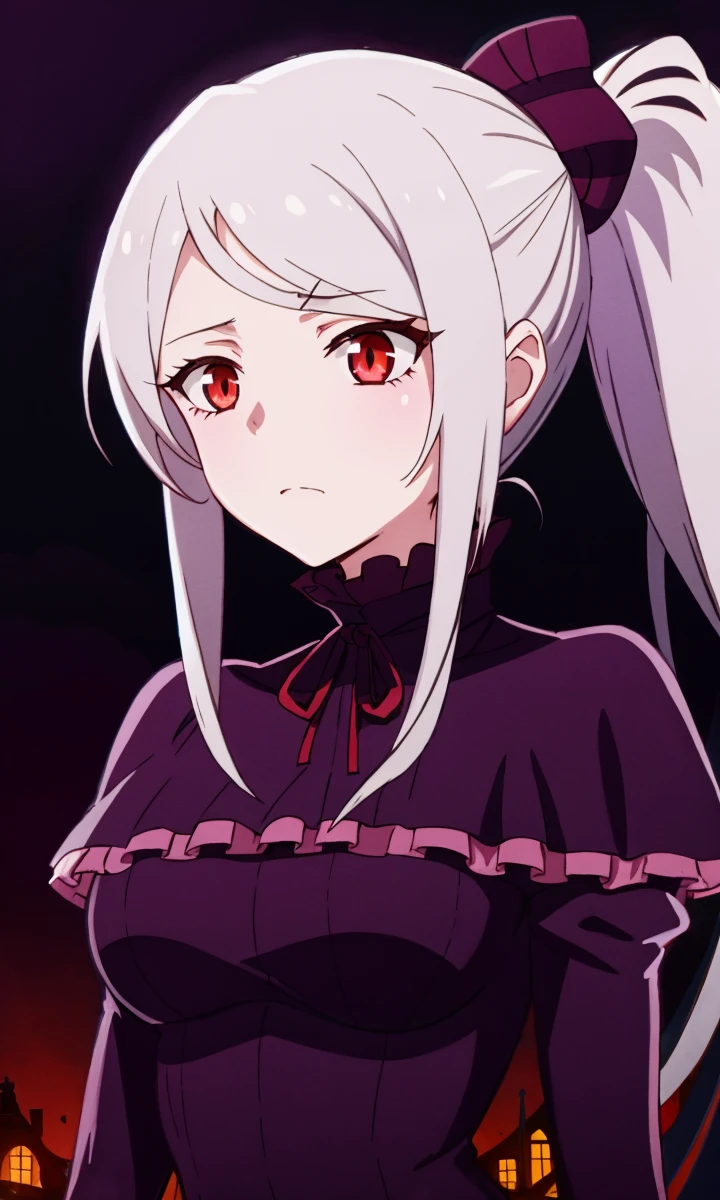 shalltear bloodfallen, shalltearcostume, 1girl, masterpiece, best quality, ponytail, white hair, <lora:Shalltearnew:1>, closed mouth, night upper body,