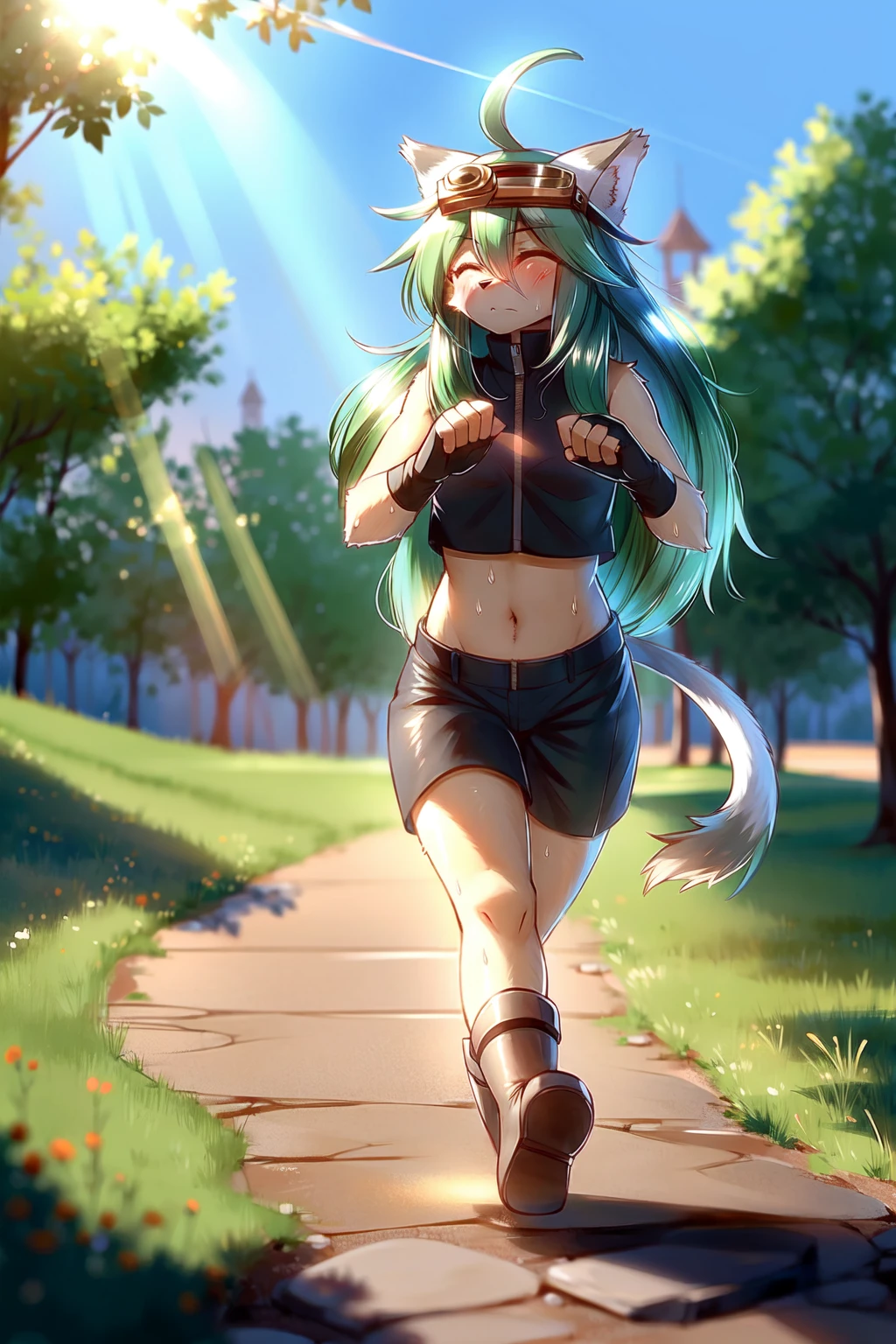 masterpiece, high quality, absurd res, by horokusa0518, digital painting \(artwork\), suzette, 1girl, solo, furry female, body fur, cat girl, full body, walking, sweat, slight frown, fingerless gloves, boots, crop top, sleeveless, navel, midriff, zipper, shorts, cat ears, green hair, long hair, ahoge, shiny hair, goggles on head, closed eyes, ^ ^, animal nose, tail, detailed background, meadow, path, sun, blue sky, outdoors, (sunrays:1.3), lens flare, (8k hd, hdr:1.1) <lora:suzetteSR:.9>