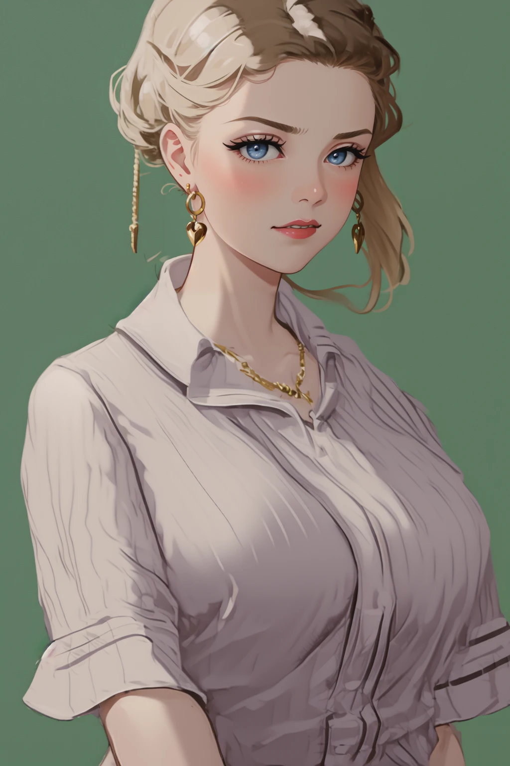 Victorian, blonde hair, blue eyes, breasts, chalkboard, closed mouth, purple gold earrings, green background, jewelry, looking at viewer, gold chain in her hair, gold necklace, button striped shirt
BREAK blue shirt with white stripes, simple background, solo, upper body, large breasts, updo