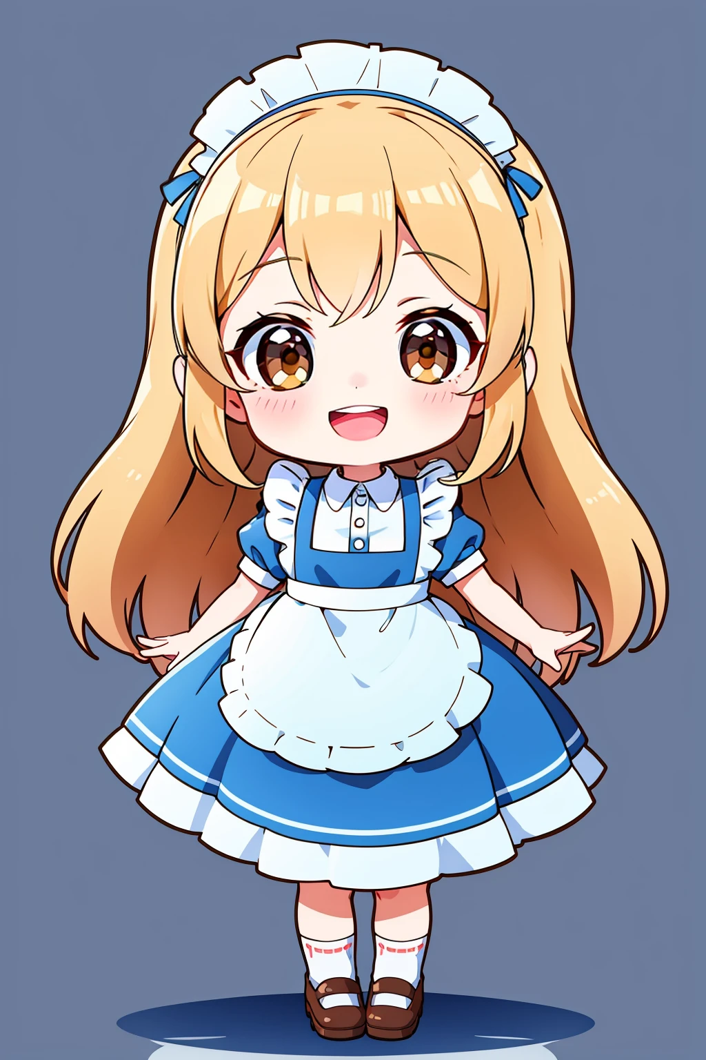 chibi, 1girl, long hair, solo, maid headdress, blonde hair, smile, apron, dress, brown eyes, white background, maid, looking at viewer, brown footwear, open mouth, blue dress, full body, short sleeves, socks, teeth, shoes, blush, upper teeth only, white socks, maid apron, virtual youtuber, puffy sleeves, :d, very long hair, puffy short sleeves, bangs,<lora:chibi style-000020:0.7>,