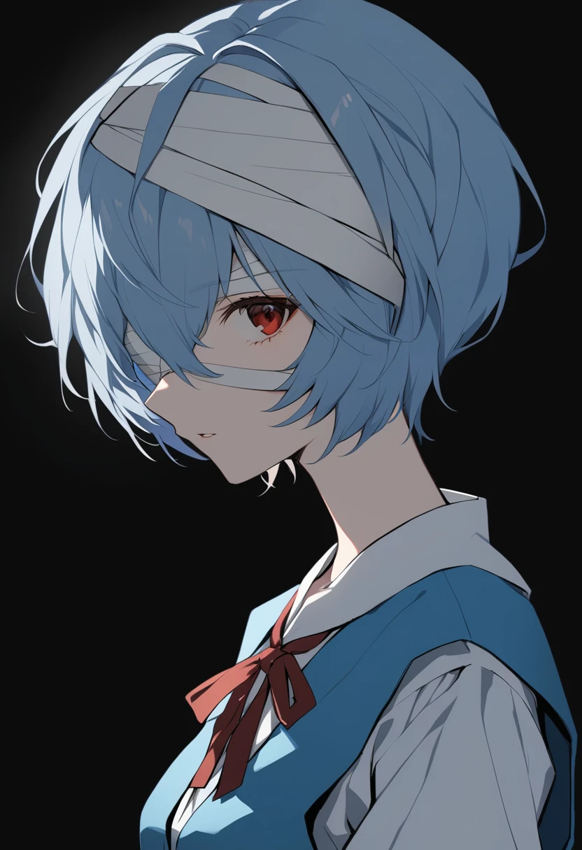 1girl, ayanami rei, solo, red eyes, short hair, blue hair, ribbon, bandage over one eye, school uniform, neck ribbon, red ribbon, looking at viewer, bandages, tokyo-3 middle school uniform, shirt, upper body, white shirt, short sleeves, black background, eyepatch, bangs, parted lips, one eye covered, dutch angle, simple background, from side, bandaged head, blue vest, expressionless, medium quality, late, <lora:char - ayanami rei - v1 - bionagato:1>