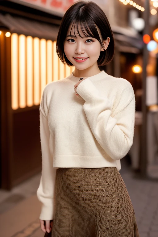 1girl,(RAW photo, best quality), (realistic, photo-realistic:1.4), masterpiece, an extremely delicate and beautiful, extremely detailed, 2k wallpaper, Amazing, finely detail, extremely detailed CG unity 8k wallpaper, ultra-detailed, highres, soft light, beautiful detailed girl, extremely detailed eyes and face, beautiful detailed nose, beautiful detailed eyes,cinematic lighting,perfect anatomy,slender body,smiling ,(bokeh:1.3)
in front of izakaya,narrow street like kowloon,lights reflected,,night time,winter night
wearing sweater and skirt,short hair
<lora:hanaimiharu_lora:0.7>