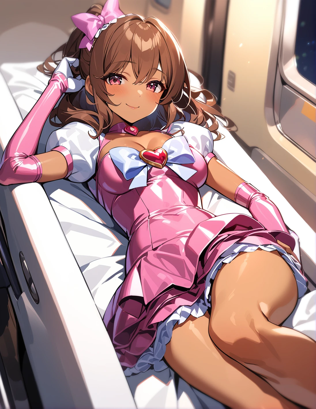 best quality, ultra-detailed, (1girl, solo, brown hair,rattail hair, , hair bow, (puffy short sleeves:1.1), round neckline, cleavage, short dress, plain satin dress, luxury pink latex dress,(petticoat:1.2) , elbow gloves,brooch, bow on chest, <lora:sdxl-heart_brooch_on_chest-animagineXLV3-AdamW8bit-v1:1>,heartbroochonchest, dark skin , smile, Lying on the side, one hand under the head), on a train