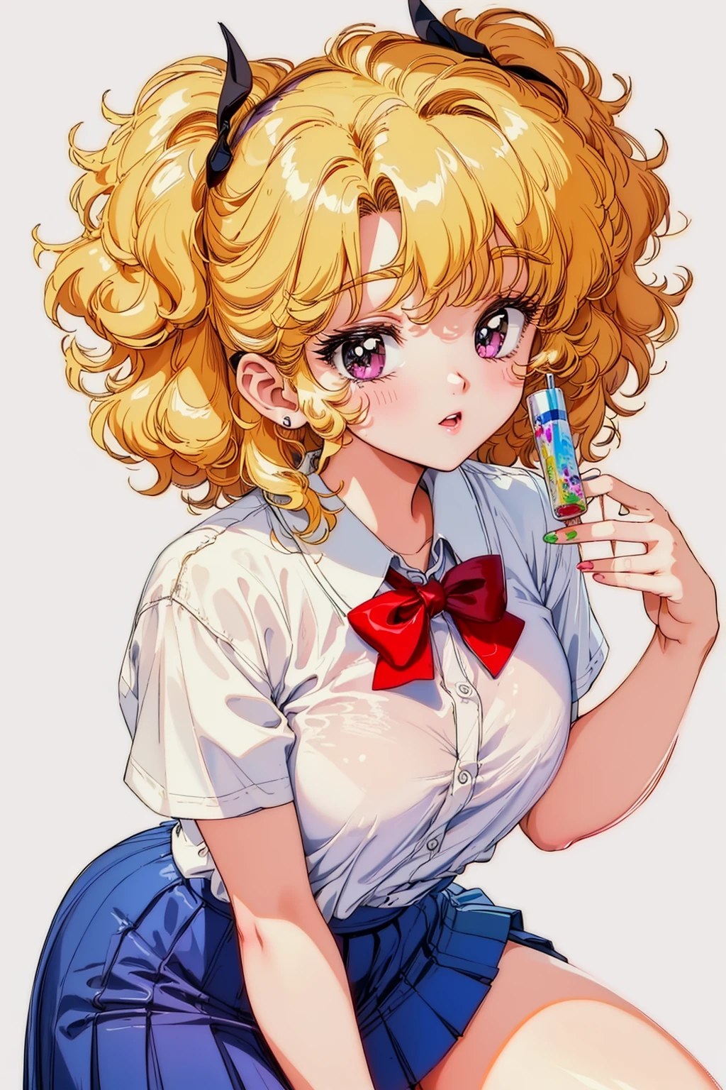 (1girl), (full), korean, torso, body,curvy, sfw, fine art, 8k, ultra-detailed, highres, (best quality, masterpiece:1.2), volumetric lighting, focus, colorful, paint, illustration, ((extreme details)), sexy, school uniform, , crazy hair, curly hair, whirlwind hair, blonde hair, mini skirt