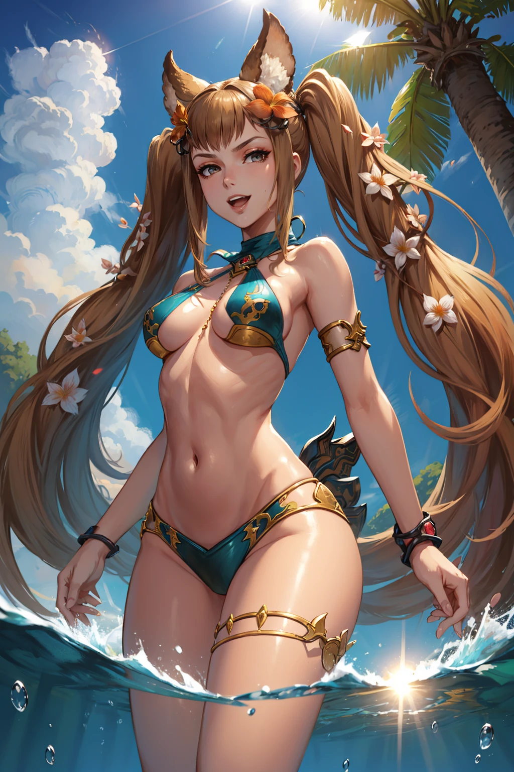 masterpiece, best quality, <lora:metera-nvwls-v1-000009:0.9> sumMetera, erune, twintails, hair flower, hair ornament, halterneck, green bikini, armlet, large breasts, beach, sun, lens flare, partially submerged, :D