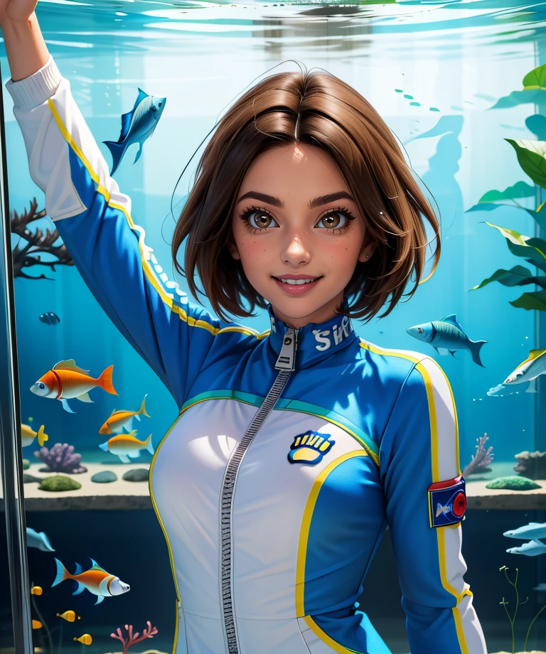 Uriko, brown short hair, brown eyes, solo, cute, lips, smiling, sitting. upper body, close up, UriJAK, track jacket with zipper down showing cleavage, (sleeves past wrists:1.1), white bike shorts ,sneakers, socks , braless, no bra, in a large aquarium, dark area, large glass windows, fish (insanely detailed, beautiful detailed face, masterpiece, best quality) 
<lora:Uriko-10v3:0.7>