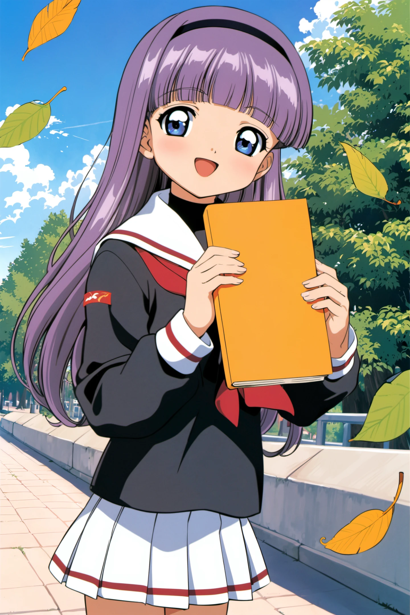1girl, daidouji tomoyo, skirt, school uniform, white skirt, solo, long hair, purple hair, pleated skirt, smile, bangs, hairband, tomoeda elementary school uniform, holding, open mouth, long sleeves, cloud, blunt bangs, 1990s (style), day, leaf, retro artstyle, :d, sky, holding book, outdoors, book, white sailor collar, black shirt, shirt, standing, sailor collar, serafuku, blue sky, cowboy shot, blue eyes, looking at viewer, bag, black hairband, purple eyes,<lora:Card Captor Sakura Anime_XL:0.8>