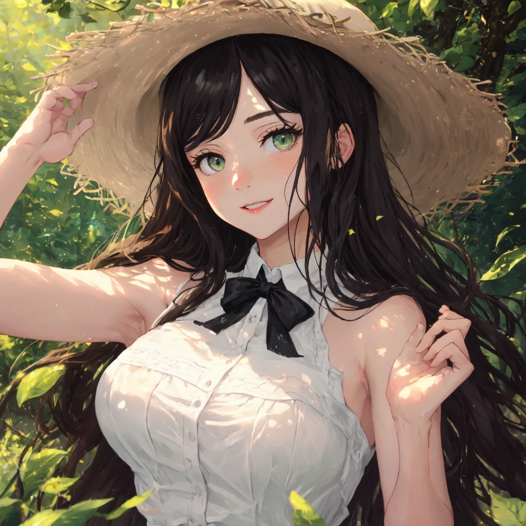 upper body shot of Mona Lisa with sideswept bangs wearing a sleeveless summer dress, white straw hat with a black ribbon, green eyes, gorgeous smile, large breasts, freckles, standing in a lush forest, dappled sunlight