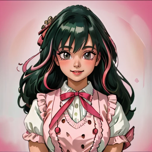 professional illustration, incomparable masterpiece, photorealistic, akariunryu, 1girl, multicolor hair, medium breasts, highress, masterpiece, <lora:akariunryu-v1:1>, lips, pink dress, green hair, smile,pastel color palette, sailor uniform