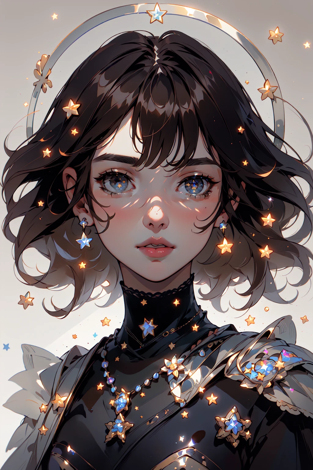 masterpiece, official art, best quality , extremely detailed, RandomCoreStyle, 1girl, solo, looking at viewer, short hair, bangs, brown hair, white background, jewelry, parted lips, star (symbol), depth of field, rembrandt lighting, lips, grey eyes, floating hair, turtleneck, facial mark, portrait, <lora:RandomCore:0.8>