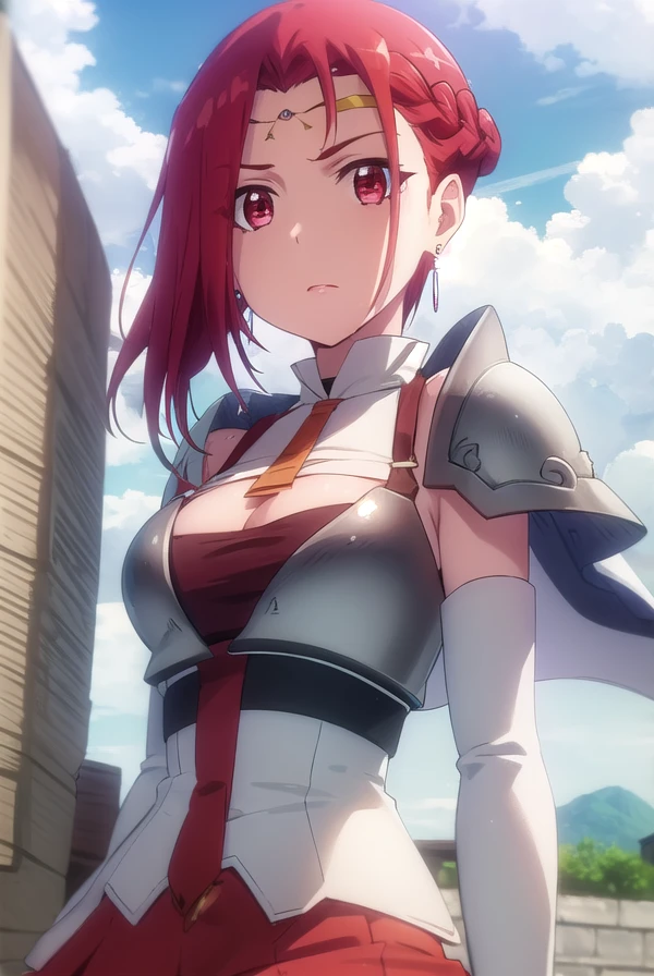 best quality, masterpiece, high quality, vesta_harem, 1girl, large breasts, cleavage, navel_cutout, side_slit, [[[[[red eyes]]]]], BREAK [[red_leggings]], oversized_belt, white_dress, BREAK holding_sword, cloudy_sky, sunlight