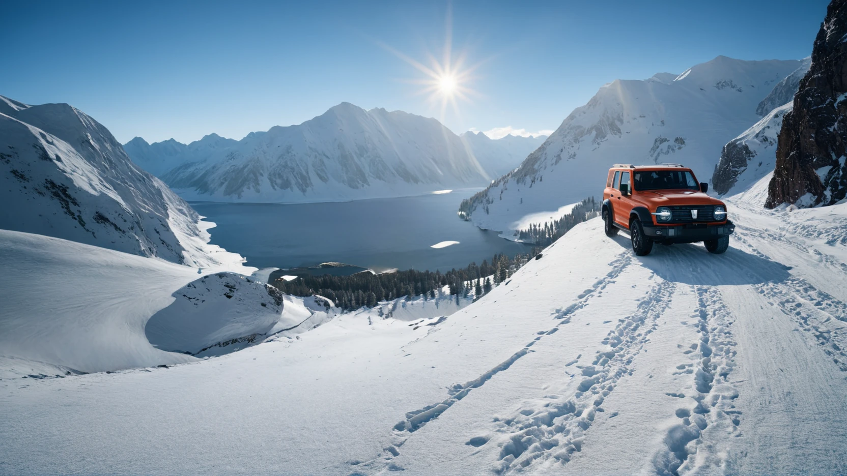 a gwm txxx driving besides the snow lake, sun height, beautiful, hd, 8k, (photographic:1.5), magnificent, grandiose, mac os wallpaper <lora:GWMTank300_V2.0:1>