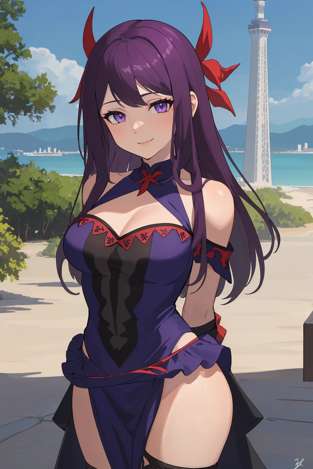 masterpiece, best quality, <lora:EPfeIvy-07:0.7> EPfeIvy, solo, 1girl, purple hair, long hair, purple eyes, mole under mouth, large breasts, fake scrollbar, skytree, day, arms behind back, frilled dress, fingerless gloves, sandales, seductive smile