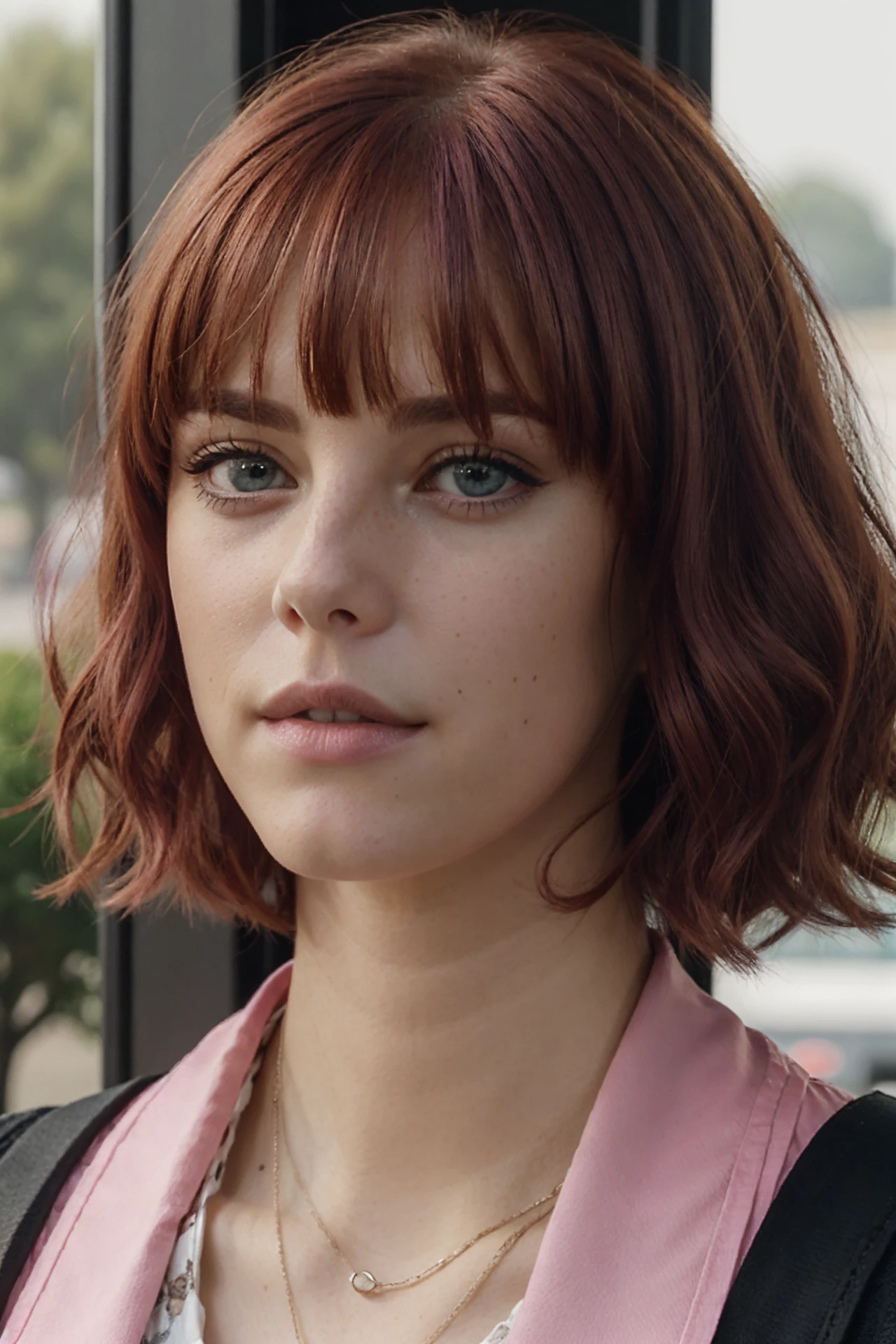 an eye contact portrait of a girl, pink hair, bangs, choke, cinematic background<lora:katiasc0v1:1> katsc0d