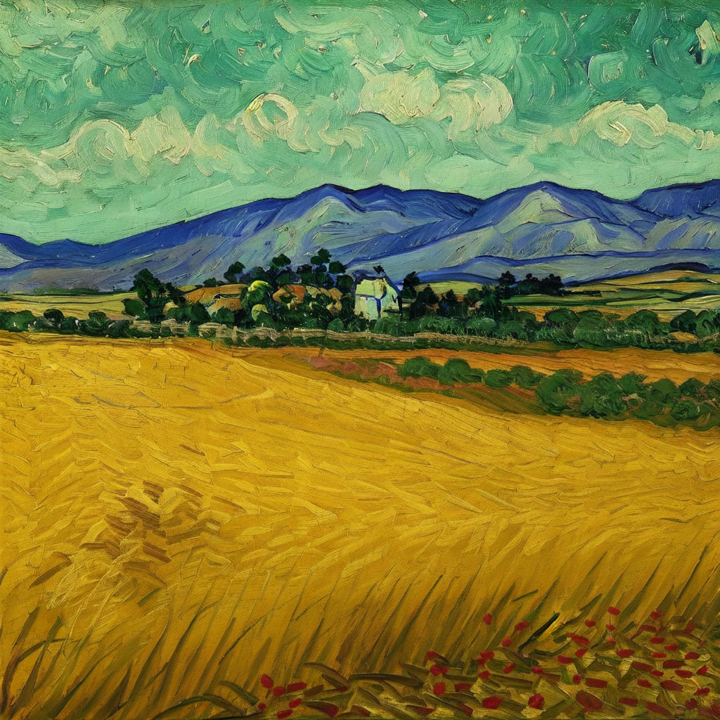 anchemixvangogh,outdoors,traditional media,sky,scenery,shore,field,