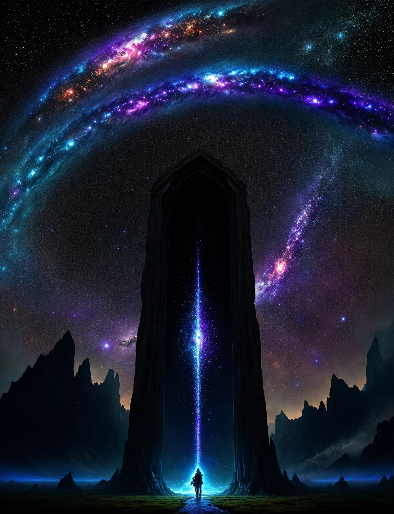 hyper detailed masterpiece, dynamic realistic digital art, awesome quality, person, male druid ever-shifting portal, edges a blur of stars and cosmic colors, like gazing into a deep endless galaxy, distant nebulas and star systems, slowly swirling, infinite depth and possibility, DonMM4g1c <lora:DonMM4g1c-v1.2rb2:0.8>