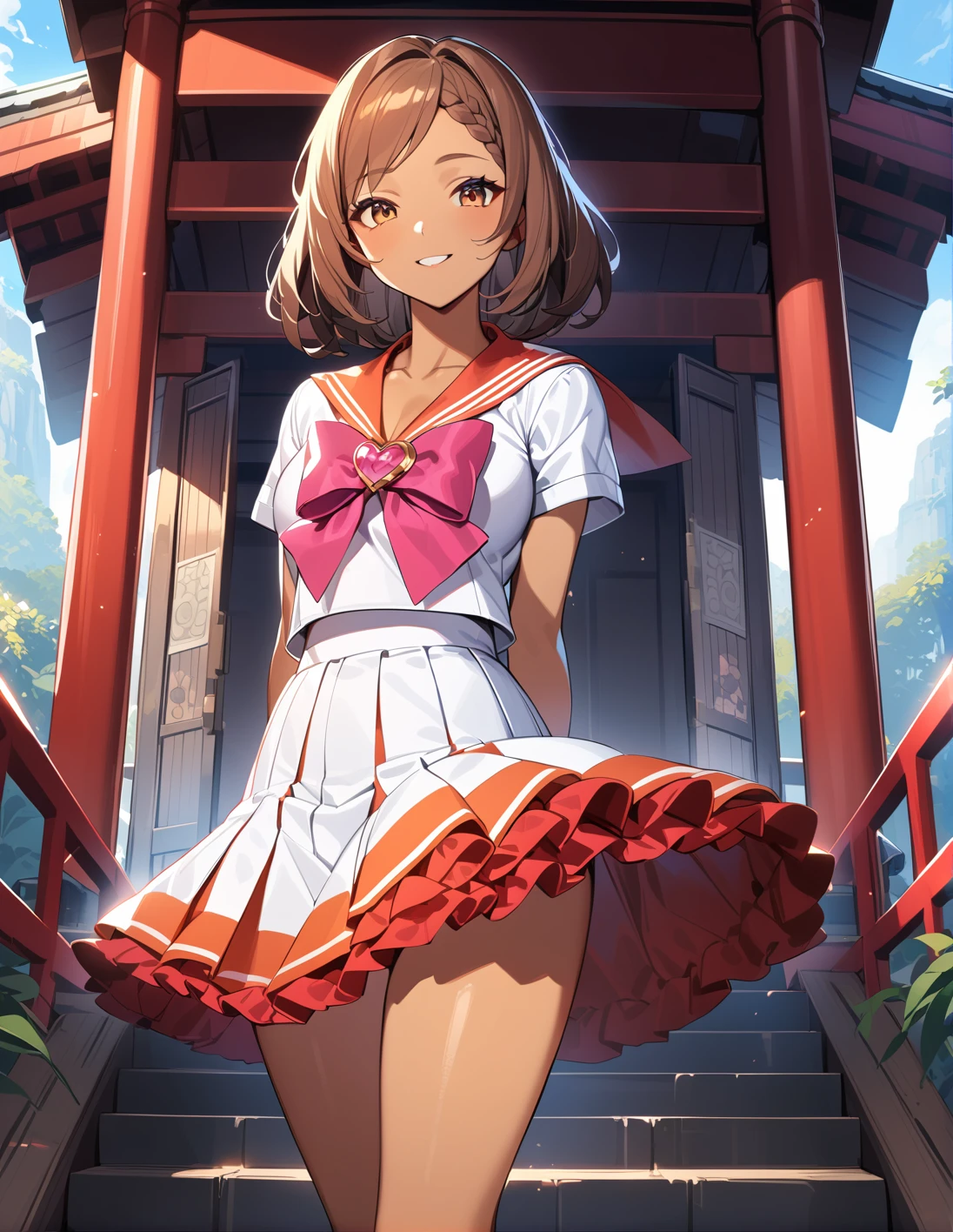best quality, ultra-detailed, (1girl, solo,  brown hair,braided bangs, , white shirt, serafuku, short skirt, frilled skirt, pink brooch, standing, smile, arms behind back,  <lora:sdxl-heart_brooch_on_chest-animagineXLV3-AdamW8bit-v1:1>,heartbroochonchest, dark skin , ), at a shrine
