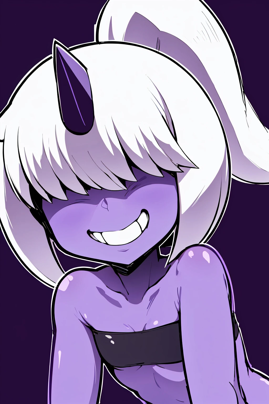 Dazzi, 1girl, shortstackbt, floating, (cloud:1.4), white hair, ponytail, oni, horn, hair over eyes, (white cloud:1.2), (purple skin:1.2), (split form), no legs, legless, no eyes, single horn, red collar, red choker, medium breasts, bottomless, vagina, pussy, (wide hips:1.2), (thick thighs:1.2), best quality, masterpiece, smile, grin, looking at viewer, blushing, dark background,