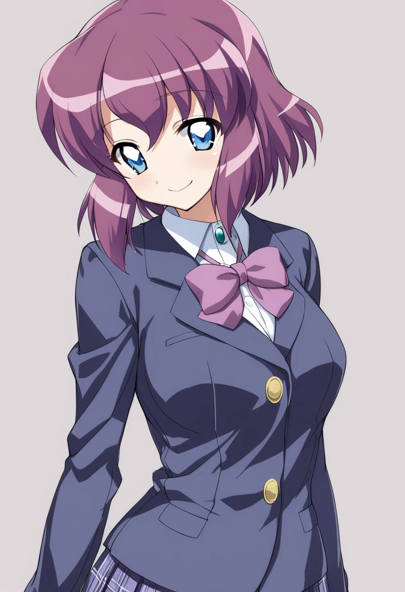 1girl, henrietta de tristain, solo, white background, skirt, school uniform, short hair, blue eyes, jacket, plaid, plaid skirt, blazer, purple hair, pleated skirt, smile, medium quality, late, <lora:char - henrietta de tristain - v1 - bionagato:1>
