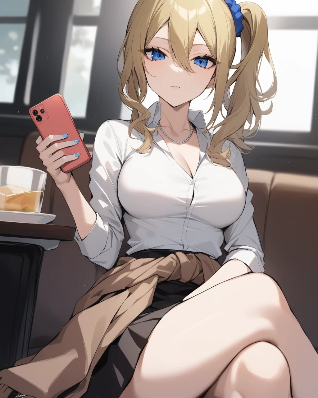masterpiece,best quality,<lora:Hayasaka_Ai:1>,1girl,hayasaka ai,solo,looking at viewer,holding phone,sitting,closed mouth,crossed legs,shuuchiin academy school uniform,clothes around waist,white shirt,collared shirt,long sleeves,blue nails,nail polish,necklace,blue scrunchie,smartphone,signature,
