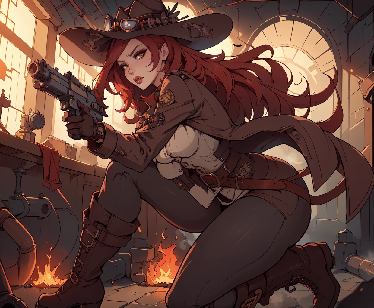 aletheia_steampunk, mature female, detailed, masterpiece, HDR, detailed sharp, best quality, highres, 1girl, solo,
makeup, thick lips, lipstick, eyeshadow,
backlighting, depth of field, indirect lighting, dim lighting,
steampunk, red hair, hat, very long hair, gloves, goggles on headwear, belt, boots, trench coat,
curvy, narrow waist, wide hips,
jumping, dynamic pose, aiming_gun,
angry,
indoors, industrial pipes, dials, steam, fire,
<lora:Aletheia_v01:0.75>