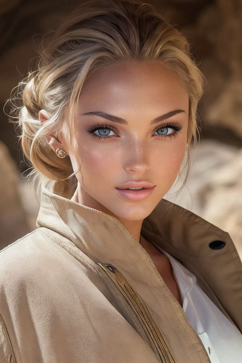 closeup headshot of S299_KristinaSheiter,a beautiful woman,in a (cave:1.1),wearing a (jacket),(updo),(4k, RAW photo, best quality, depth of field, ultra high res:1.1),(absurdres, intricate, photorealistic, masterpiece, ultra-detailed:1.1),
