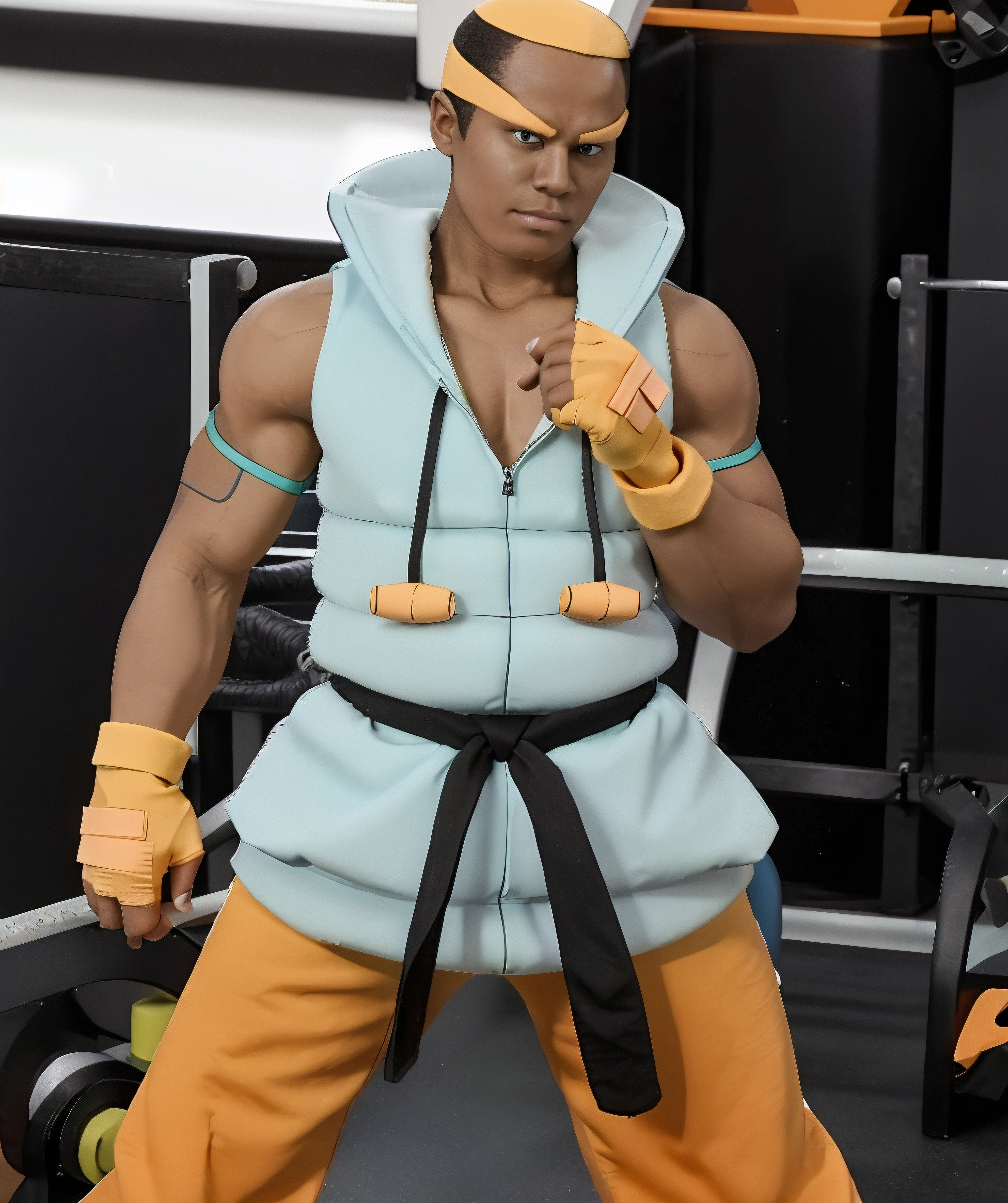 An orange-skinned, blue-haired Alien with a beachy hat, with a blue, green, red and purple beachy floral textured vest, with blue and purple futuristic pants and boots with orange beach details, full black background, highly detailed, full body view