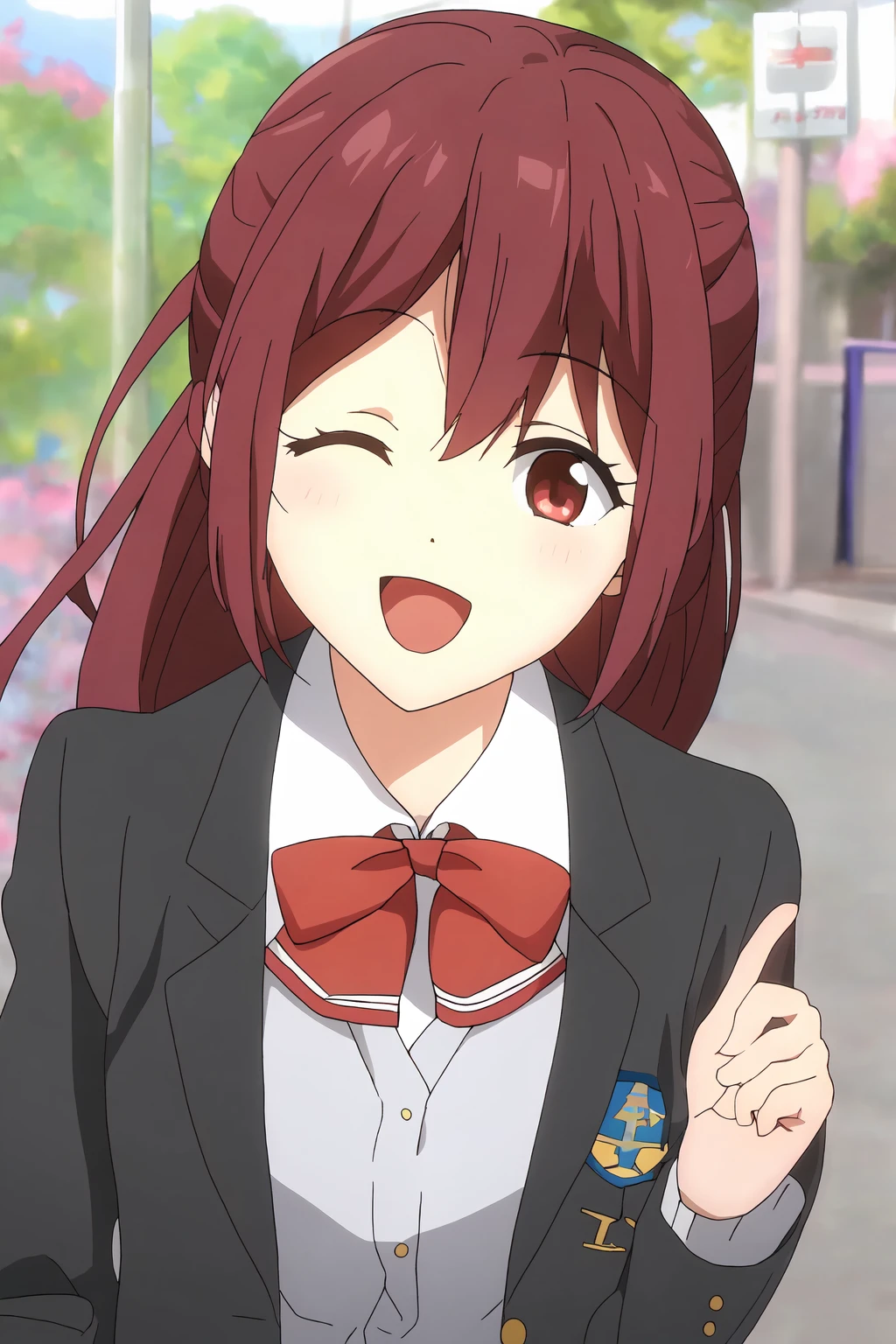 1girl, solo, gou_chan-1, school uniform, ponytail, pleated skirt, smile, open mouth, red bowtie, one eye closed, badge