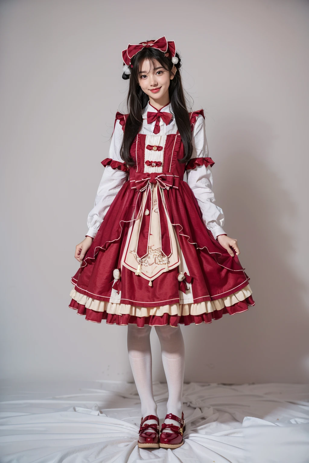 best quality, masterpiece, photorealistic, realistic, 1girl, solo, looking at viewer, smile, full body, long black hair, straight hair, bangs, blunt bangs, standing, cyb dress, layered dress, long sleeves, hair bow, frilled dress, white pantyhose, shoes, simple background, <lora:chinese_new_year_dress_style1_v1:0.7>
