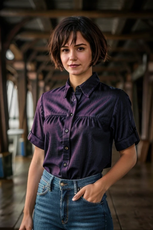 <lora:KW3:1.0> masterpiece, best quality, detailed face, realistic, solo, , k1873w, short_hair, black_hair, K1873W with a burgundy shirt, jeans posing for a picture , pier