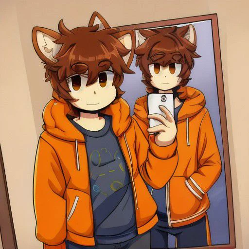 GDColon, brown hair, mirror selfie, holding phone, 2D, orange jacket,