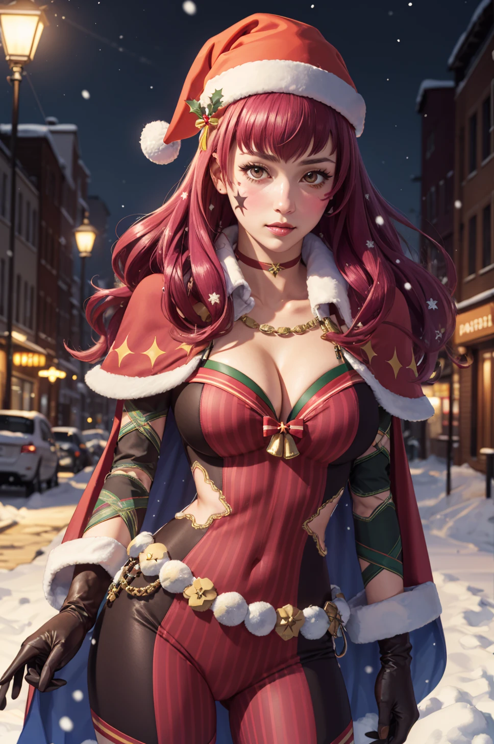 realism, highest quality, snowy, city street, windows, streetlights, 1girl, solo, cowboy shot, looking at viewer, parted lips, blush, <lora:YunakaXmas:0.85> xmasYunaka, cleavage, striped, cape, fur trim, facial mark, santa hat, santa costume, gloves
