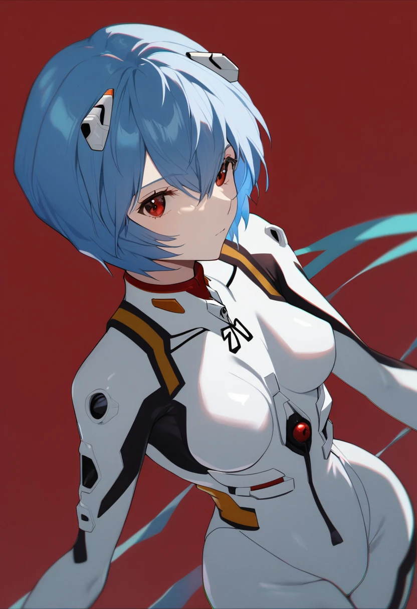 1girl, ayanami rei, solo, red eyes, plugsuit, blue hair, short hair, holding, bodysuit, white bodysuit, looking at viewer, red background, hair between eyes, breasts, bangs, closed mouth, holding weapon, cowboy shot, weapon, interface headset, chromatic aberration, small breasts, medium quality, late, <lora:char - ayanami rei - v1 - bionagato:1>