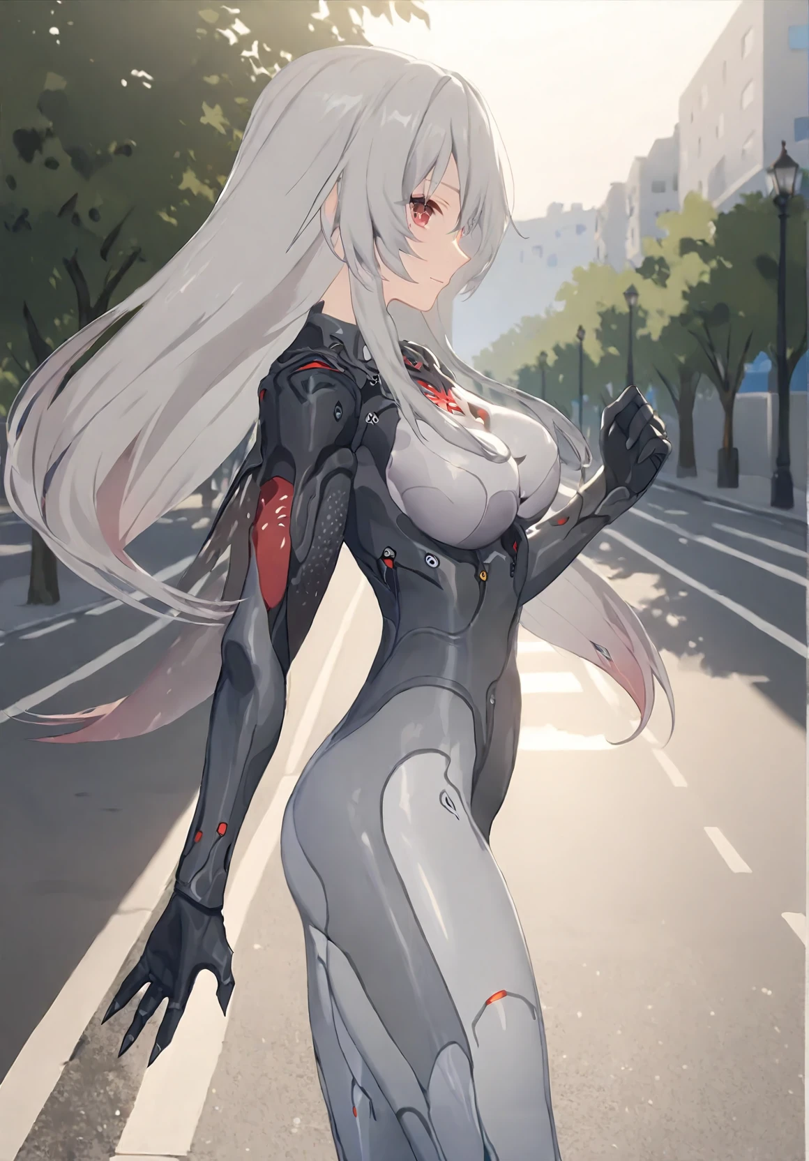 (1girl:1.5),(solo:1.2),masterpiece,best quality,highly detailed,photo realistic,
nice hands,perfect hands,walking on street,(slight smile:1.2),(park background),red eyes,breasts,long grey hair,bodysuit,(riding a bicycle:1.3),<lora:RubiliaLoraXL:0.9>,